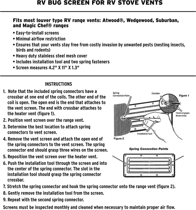 Bug Screen - RV Appliance; Furnace Vent