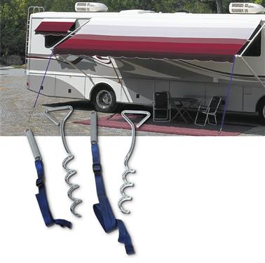 Carefree RV Awning Tie Down Use To Secure Awning Built-In Fits Utility Slot Roll Bars With 2 Corkscrew Anchors/ 2 Straps/ 2 Springs/ 2 Clear Storage Tubes