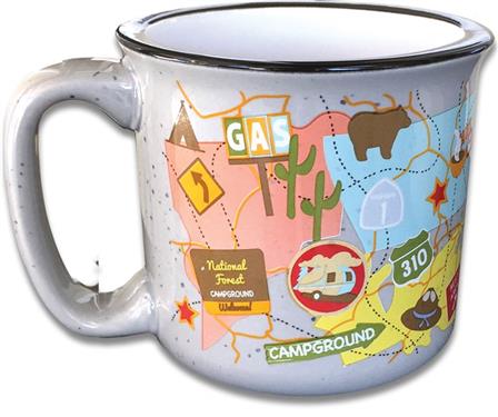 Camp Casual  Cup Coffee Mug 15 Ounce Capacity With Handle Travel Map Design Gray Ceramic Dishwasher/ Microwave Safe Single