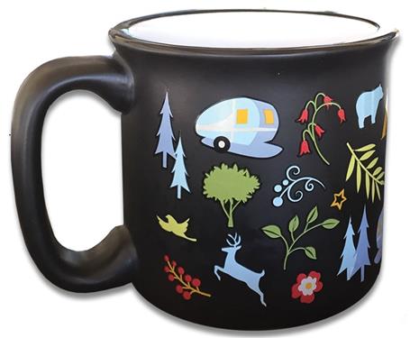 Camp Casual  Cup Coffee Mug 15 Ounce Capacity With Handle Into The Woods Design Black Ceramic Dishwasher/ Microwave Safe Single