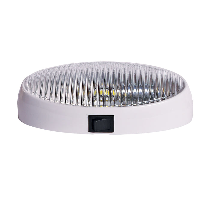 Porch Light; LED Bulb; 12 Volt; Oval; 6.2 Inch Length x 3.4 Inch Width; Clear Lens; White Base; Single; With Switch